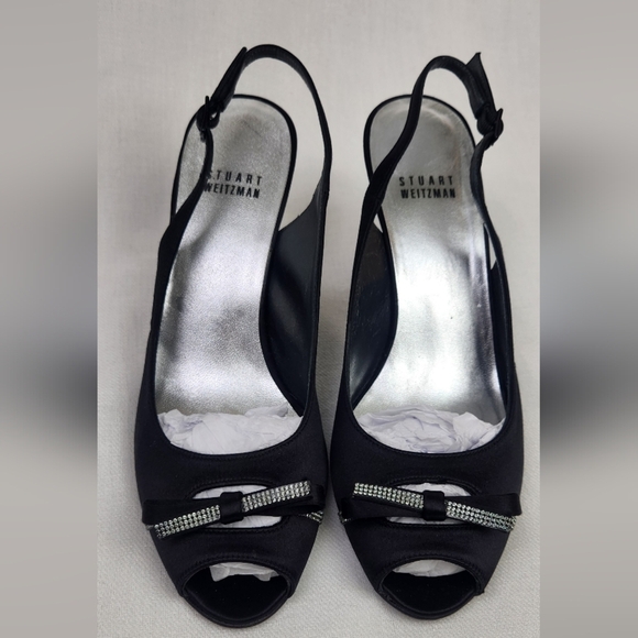 Stuart Weitzman Black Peep Toe Sparkle Bow Heel Pumps - Picture 4 of 10